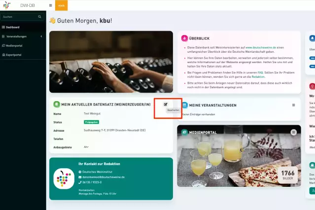 Weinerzeuger-Datensatz ins Englische übetragen (1): Über das Dashboard erreichen Sie die Bearbeitungsseite für Ihr Profil. Dazu einfach den Bearbeiten-Button betätigen. Anschließend öffnet sich ihr Datensatz.