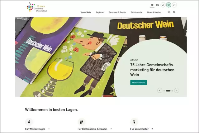 Eine Übersicht mit Links zu allen Märkten und Websites erhalten Nutzer/innen beim Klick auf die kleine Weltkugel oben rechts auf deutscheweine.de. Links daneben findet sich das Symbol für den Online-Shop, rechts der Button zum LogIn in die DWI-Datenbank.